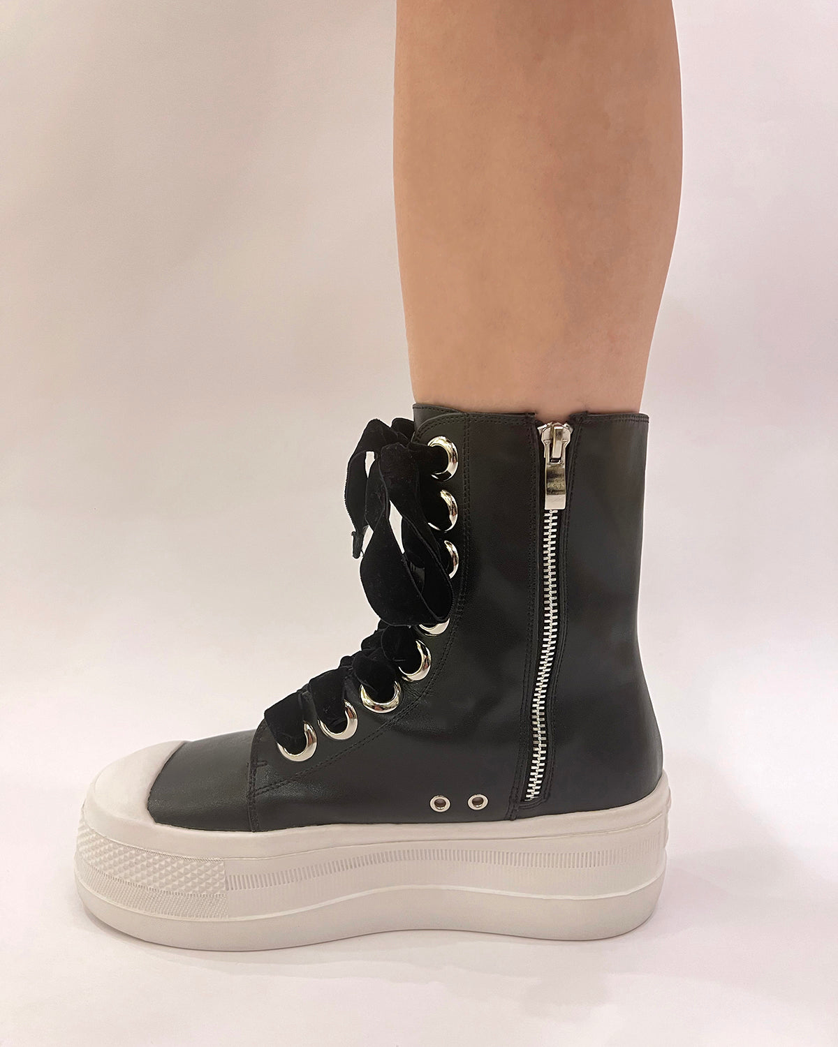 Matte leather thick platform zipper sneaker for girls