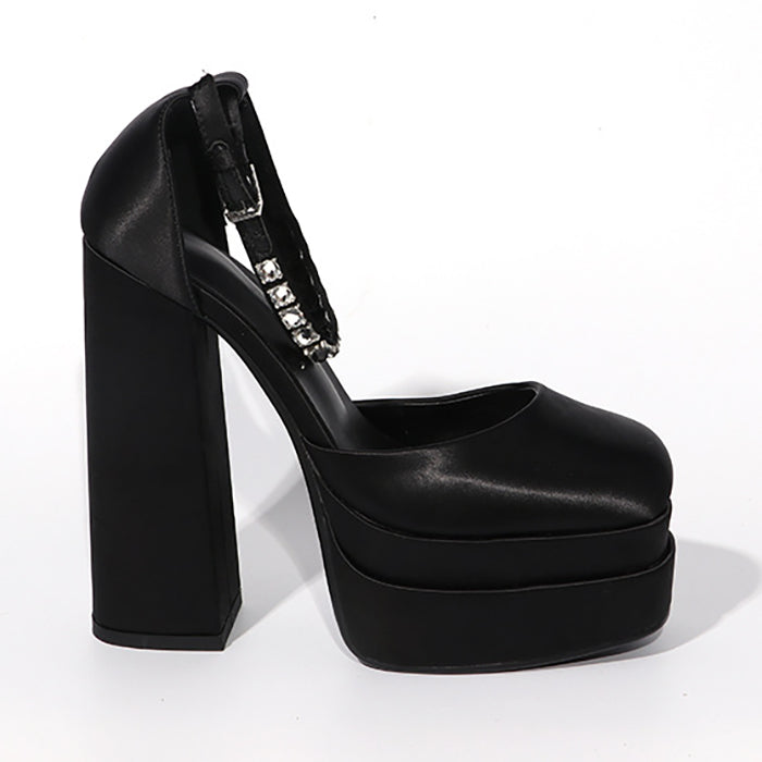 Satin Platform Square Toe Chunky Heel Sandals