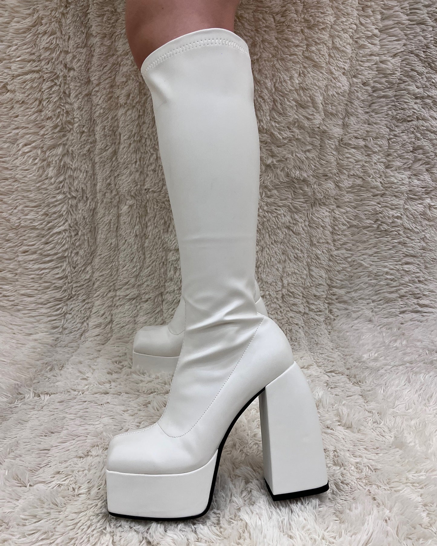 Matt leather stretch knee high platform boots for women