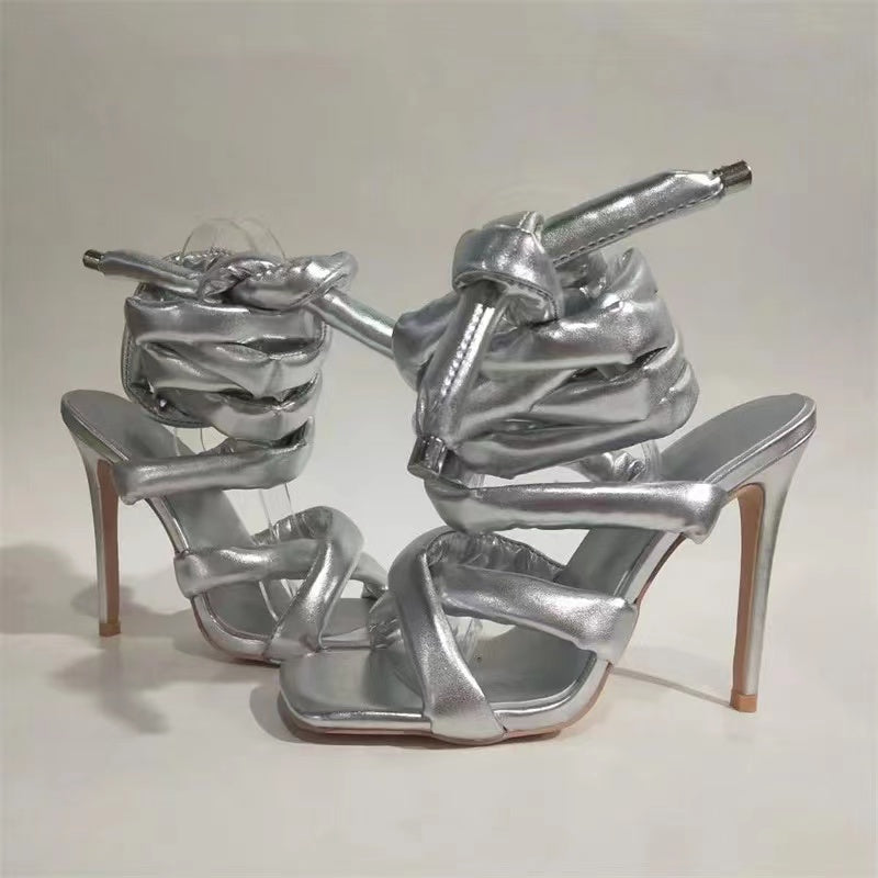 Metal Silver Thick Strap Lace Up Heels