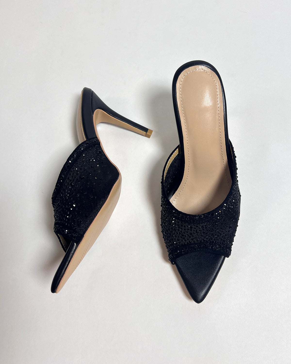 Black mesh rhinestone pointed toe slides slippers for women