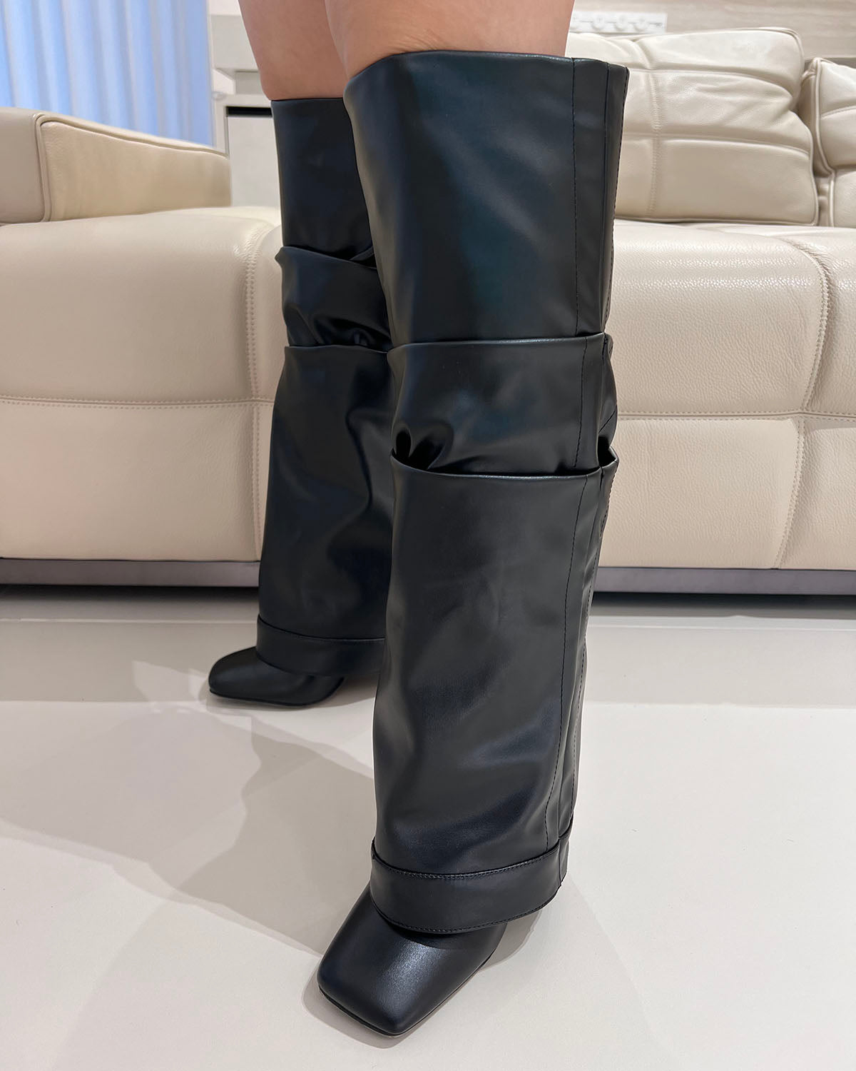 Square toe matte leather knee high thin heel boots for women