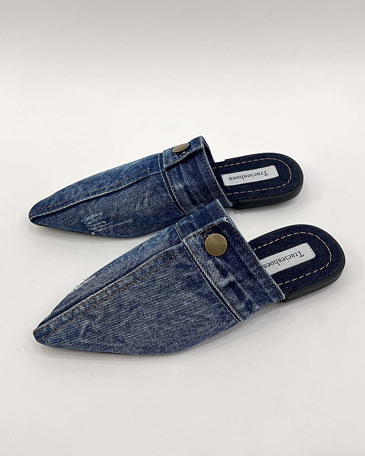 Denim pointed toe flat slippers mule shoes