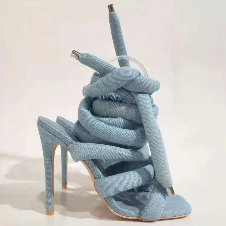 Denim Thick Strap Lace Up Heels