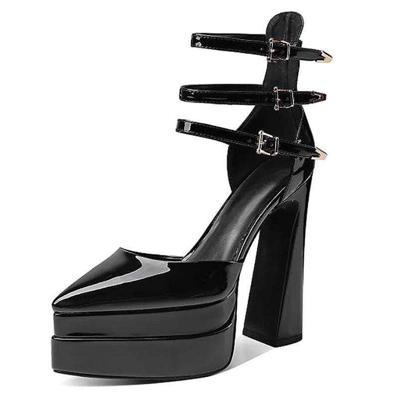 Platform Heels for Women Pointed Toe Chunky Buckle Pumps Shoes