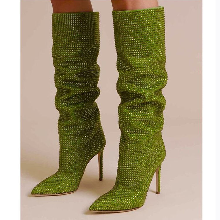 High Heel Knee High Full Rhinestone Straight Boots