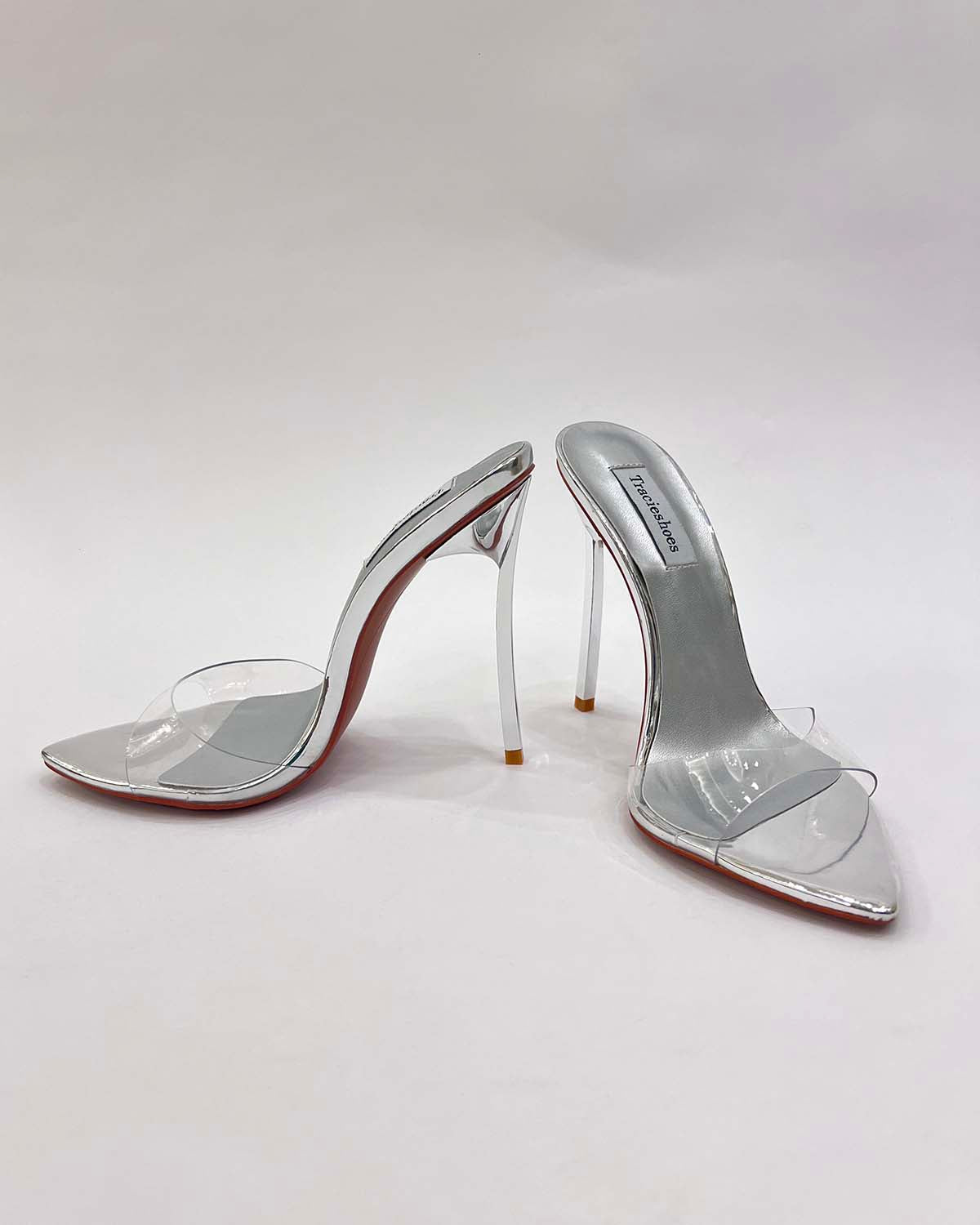 Clear PVC metal leather pointed toe heels sandals