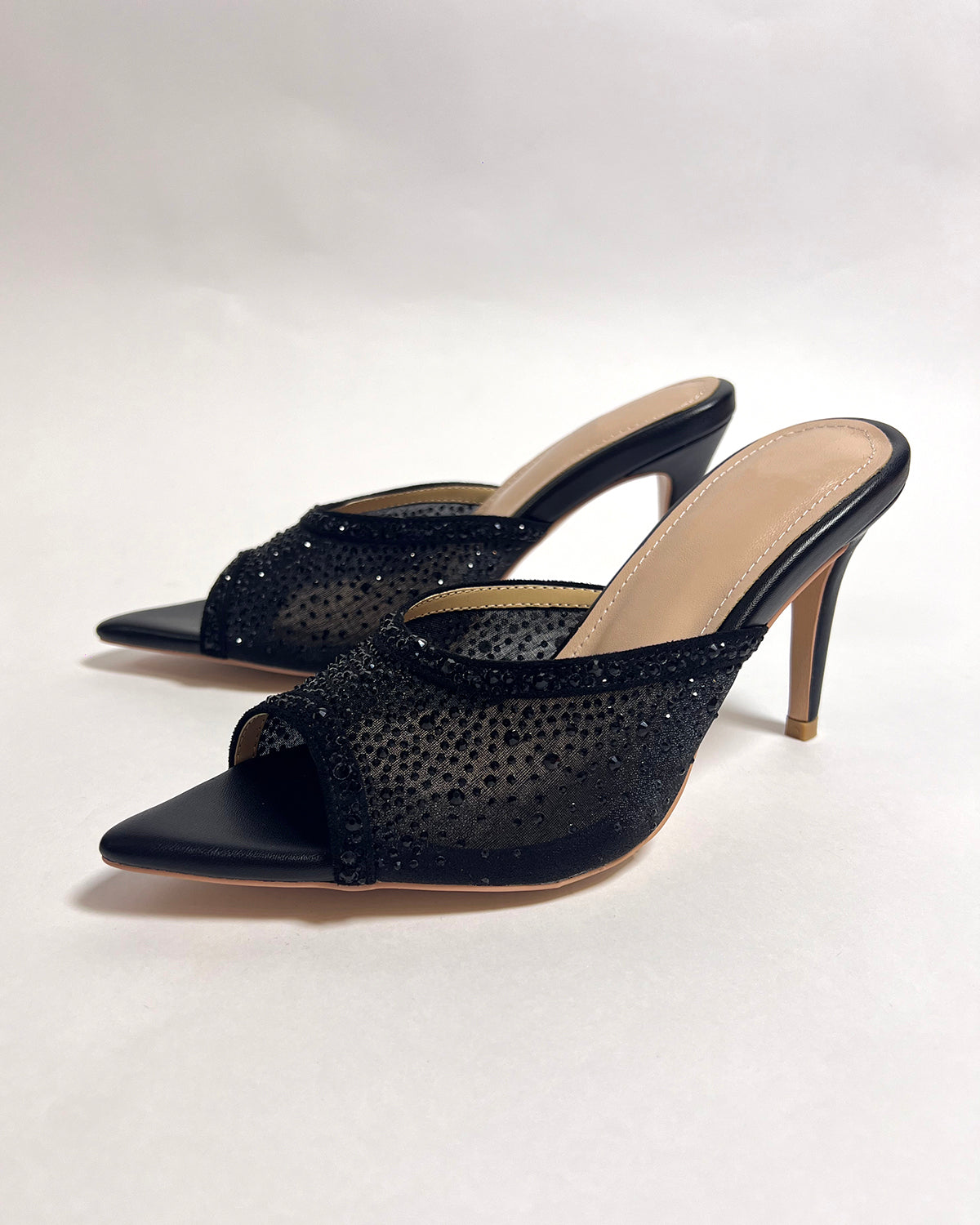 Black mesh rhinestone pointed toe slides slippers for women