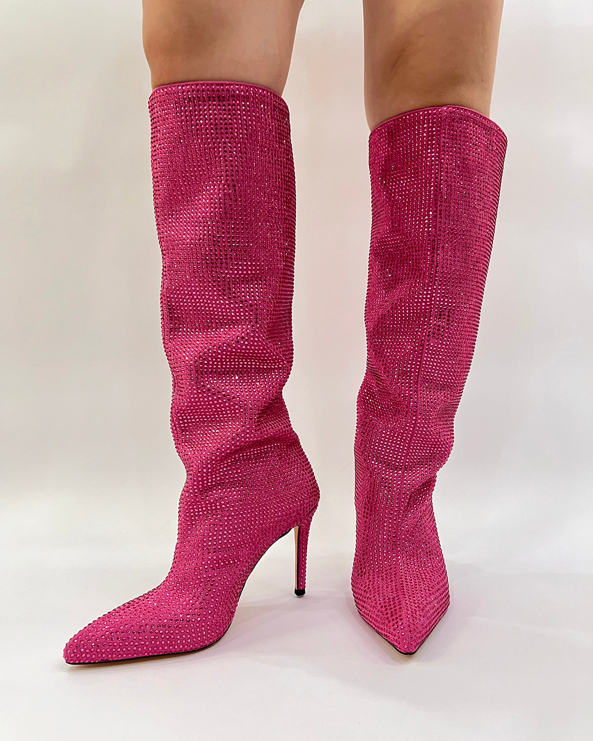 High Heel Knee High Full Rhinestone Straight Boots