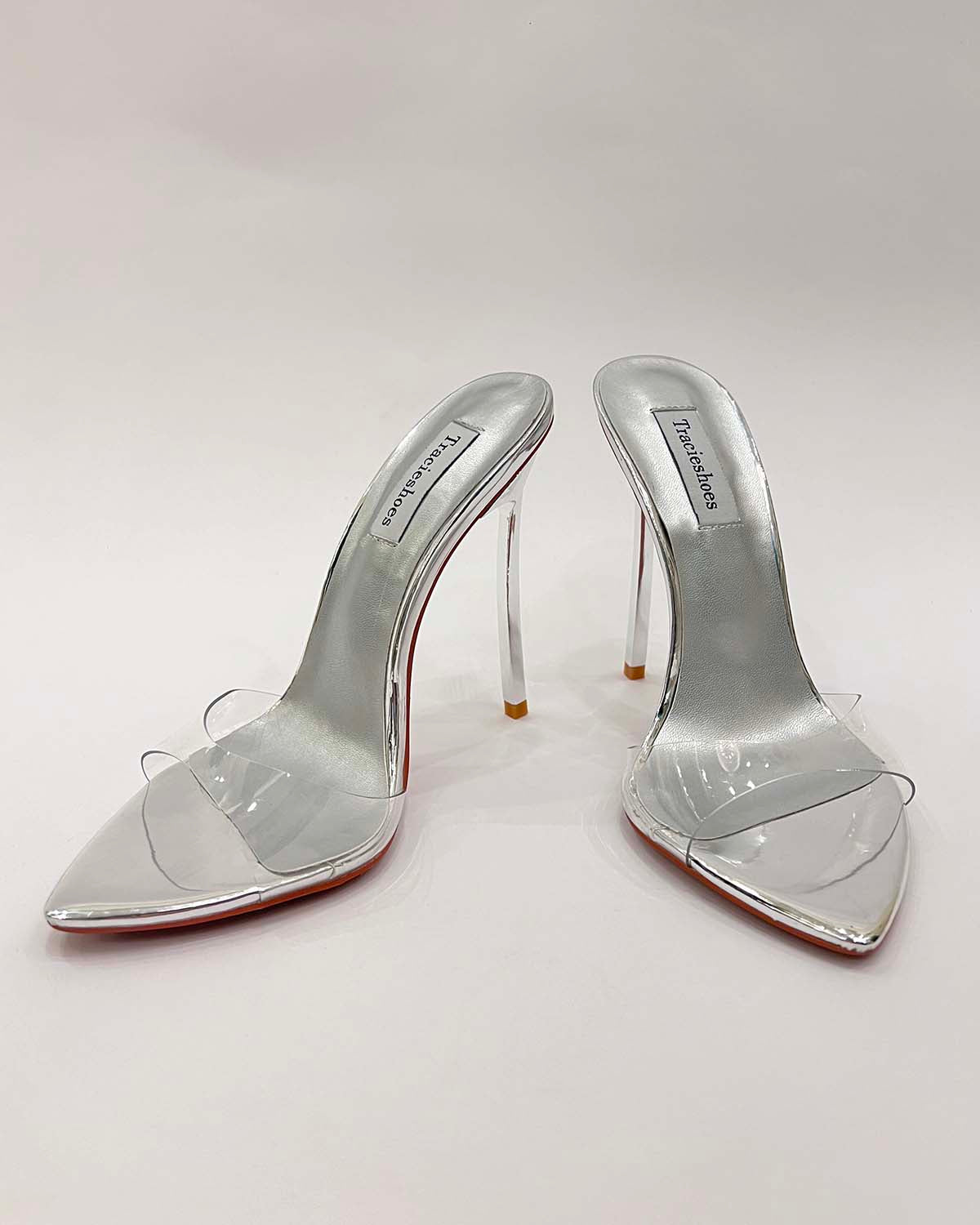 Clear PVC metal leather pointed toe heels sandals