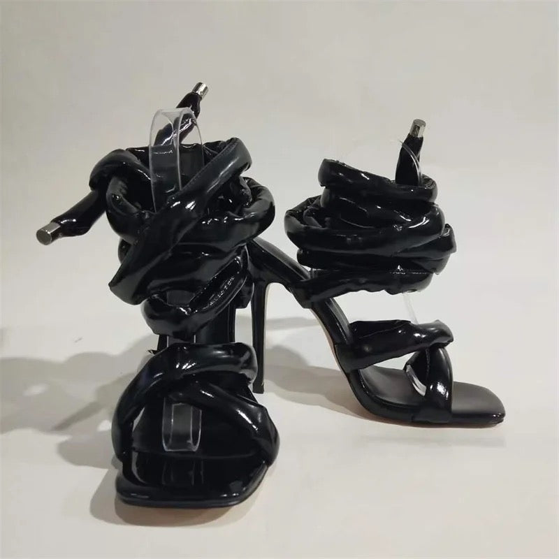 Faux Leather Thick Strap Lace Up Heels