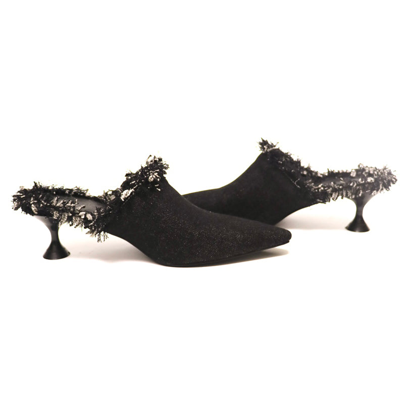 Black denim pointed toe low heel mule shoes slippers