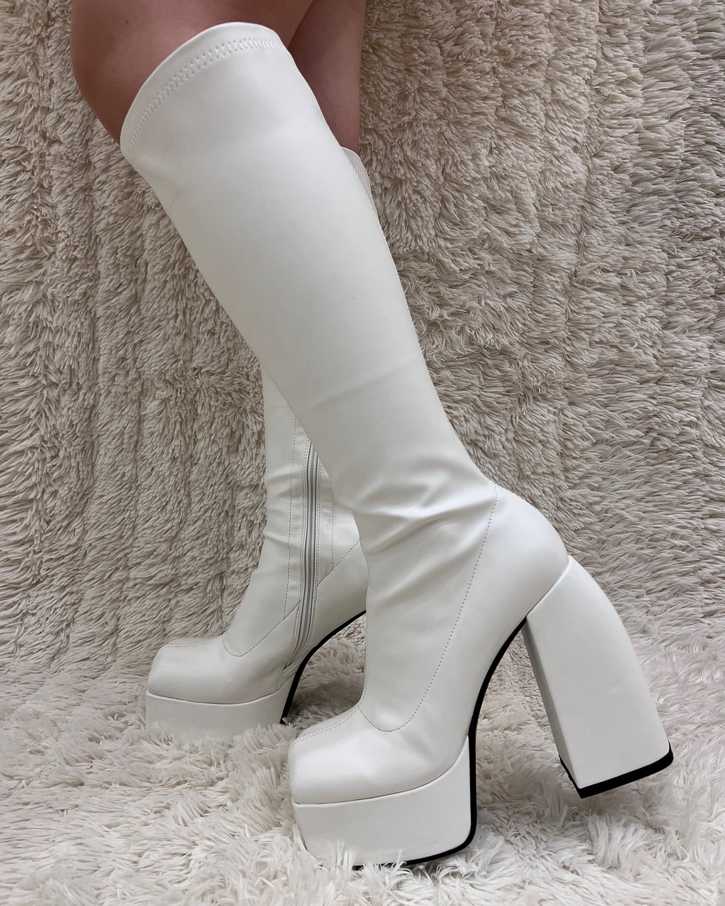 Matt leather stretch knee high platform boots for women