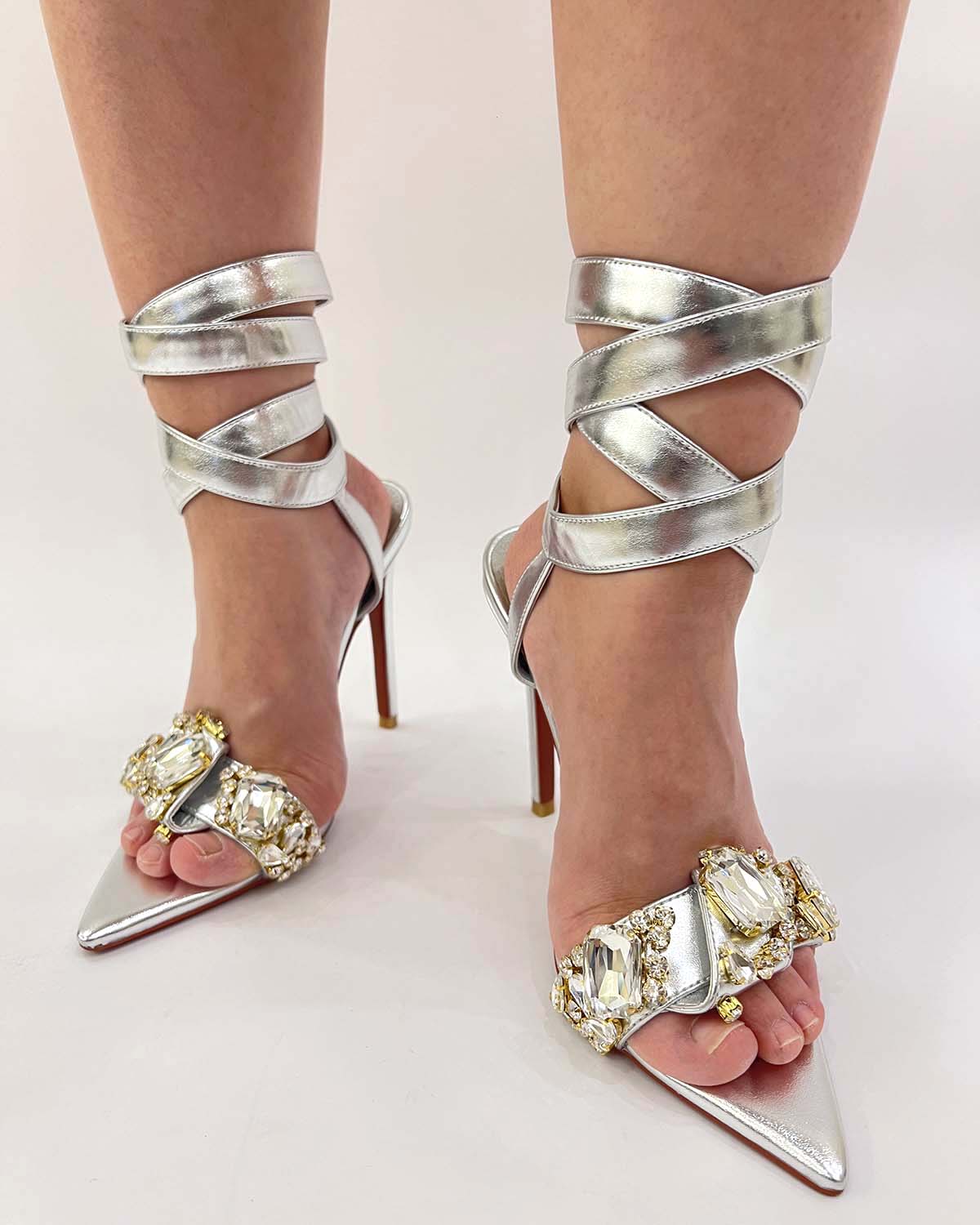 Big Rhinestones Silver Metallic Leather Lace Up Sandals