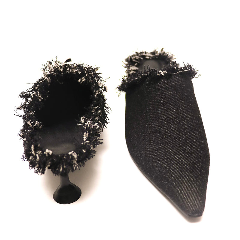 Black denim pointed toe low heel mule shoes slippers