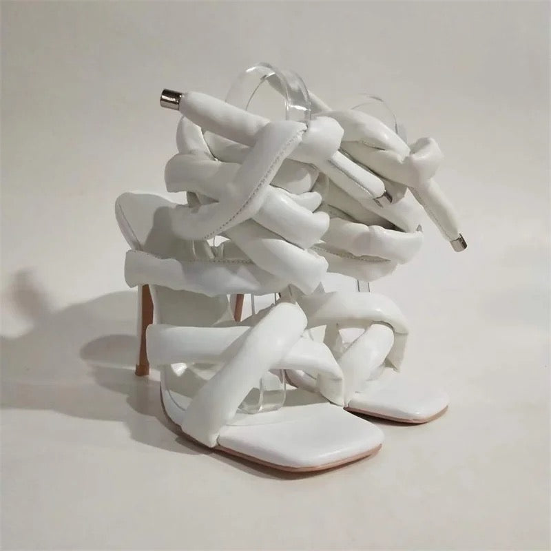 Faux Leather Thick Strap Lace Up Heels