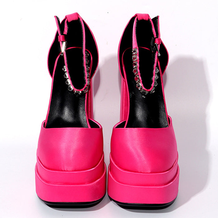 Satin Platform Square Toe Chunky Heel Sandals