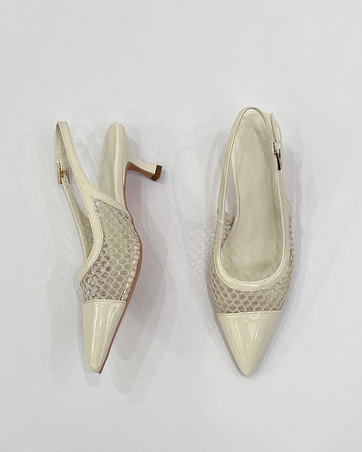 Patent leather pointed toe slingback mesh low heels for women