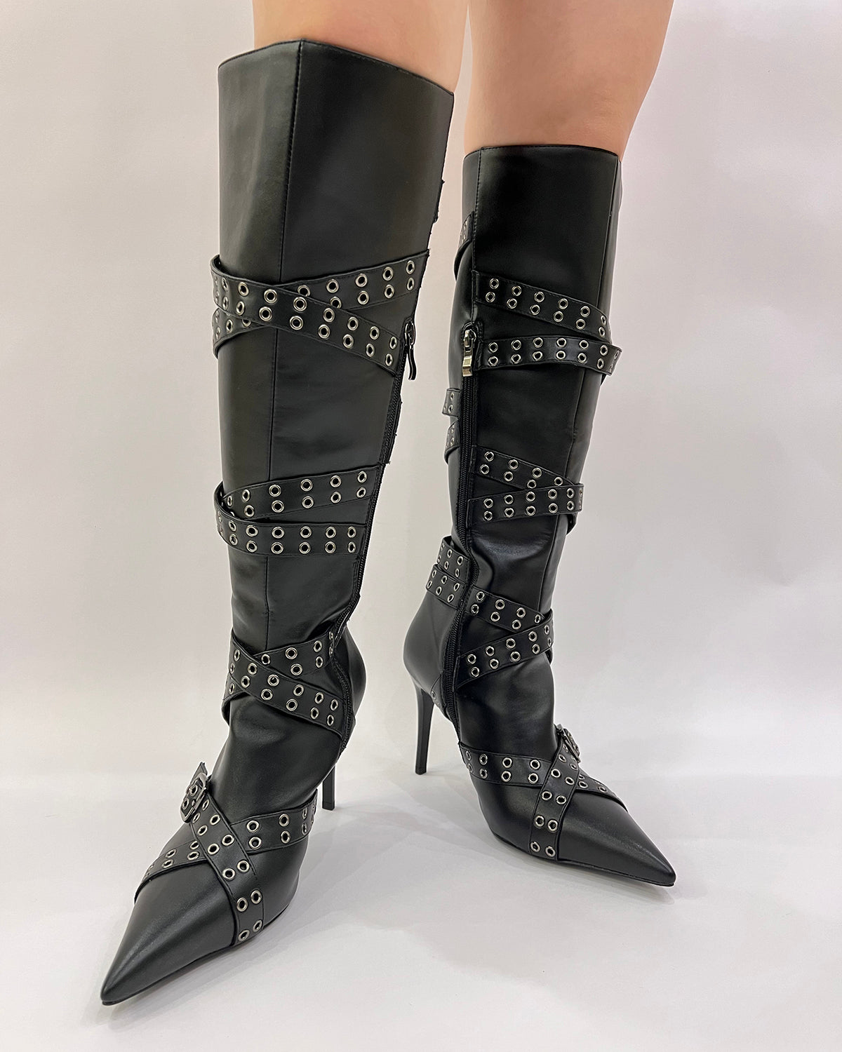 Matte leather eyelet buckle straps stiletto knee high boots