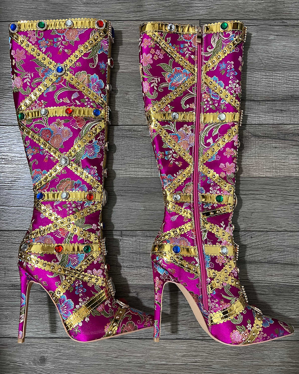 Women Fashion Flower Diamonds Knee High Boots