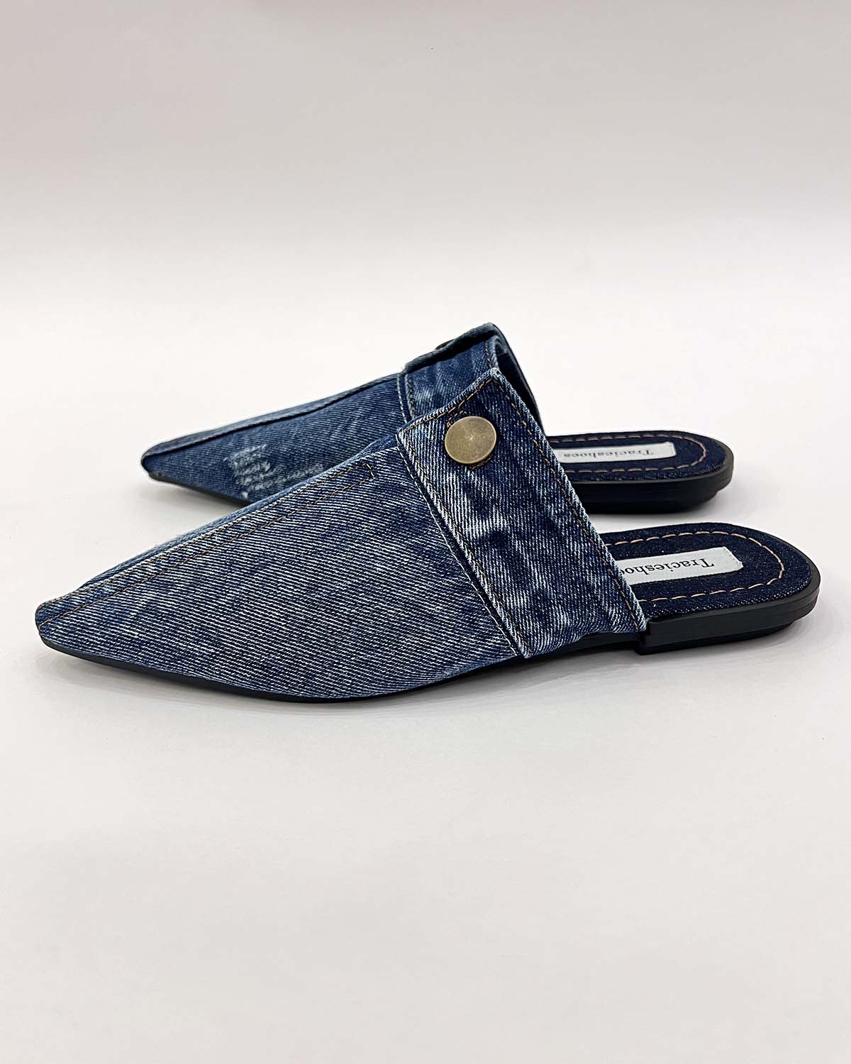 Denim pointed toe flat slippers mule shoes