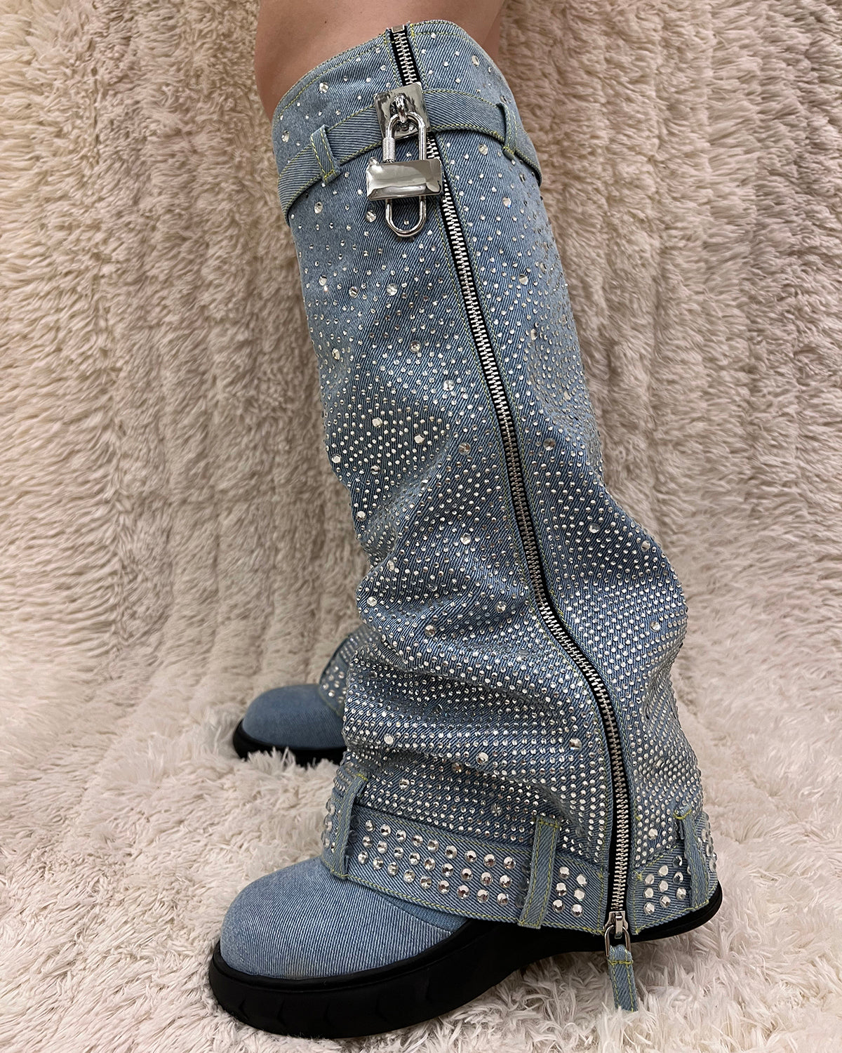 Rhinestone denim pants knee high sneaker boots