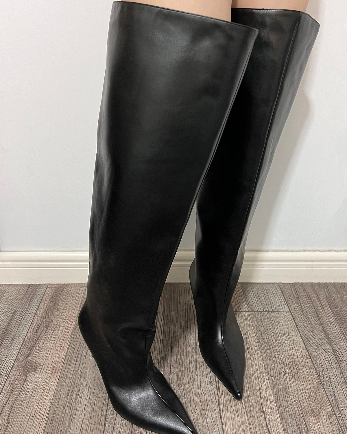 Black leather thigh high wide calf boots for women