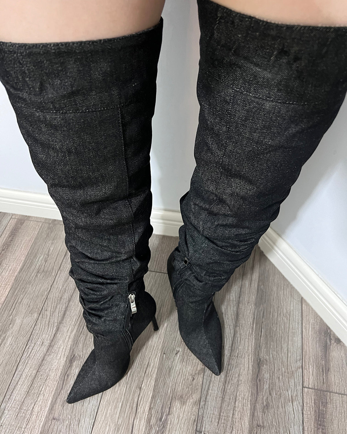 Over the knee wrinkle denim stiletto heel boots