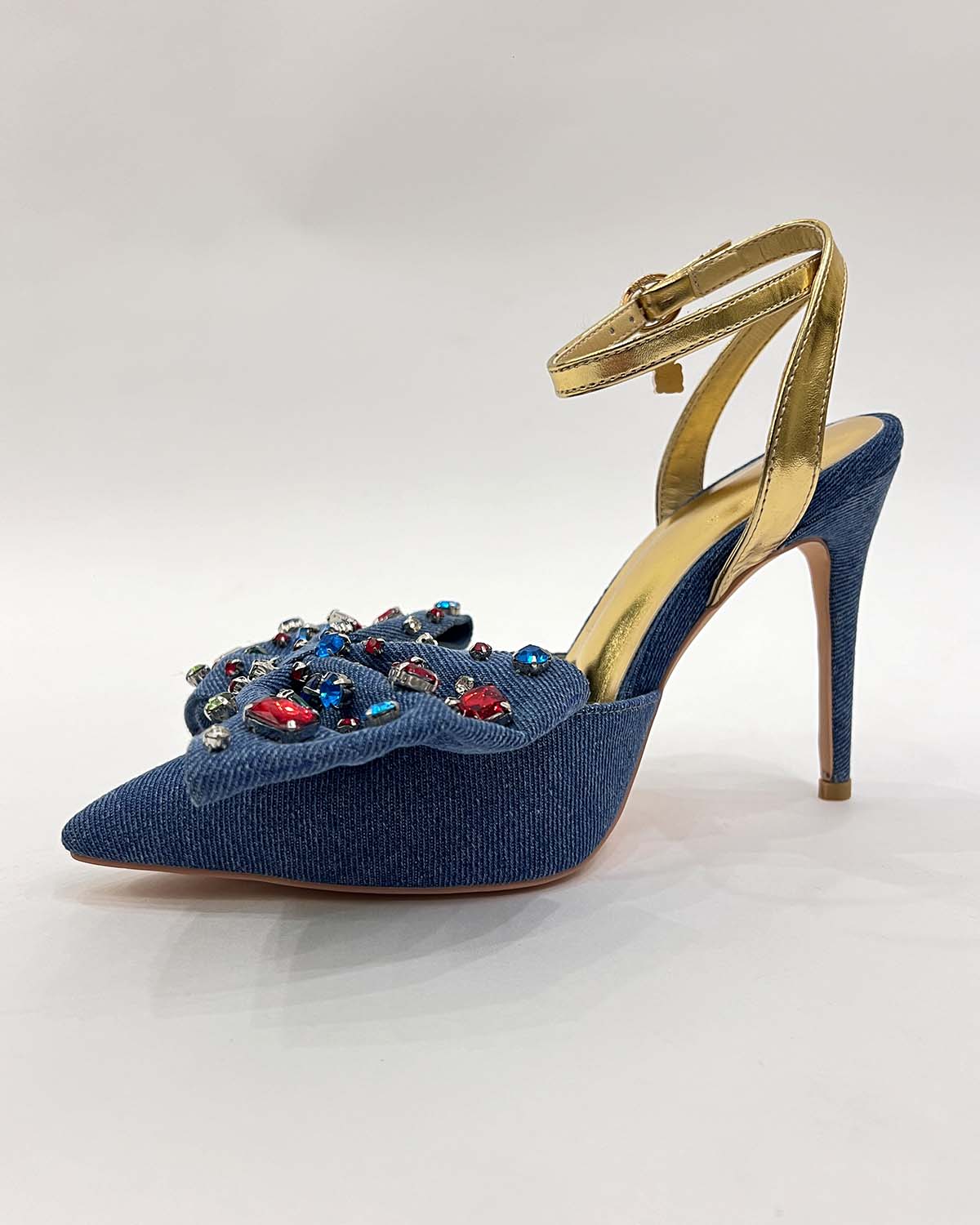 Denim rhinestones slingback pointed toe heels pumps shoes
