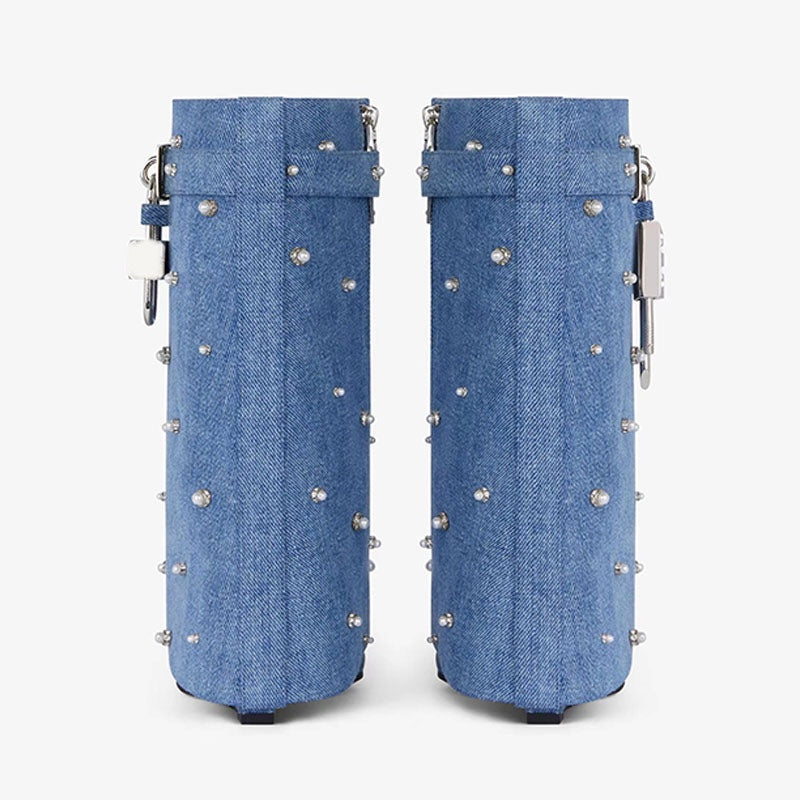 Denim Pearls Wedge Pants Ankle Boots