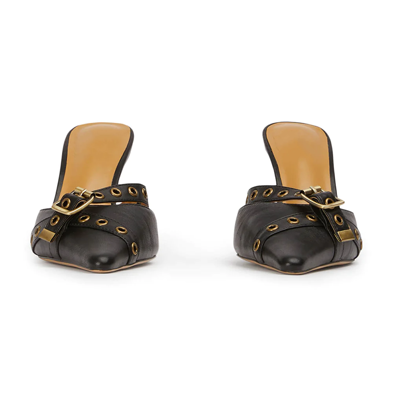 Matte leather pointed toe eyelet buckle mule heels slippers