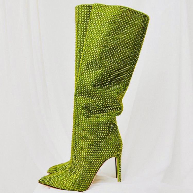 High Heel Knee High Full Rhinestone Straight Boots