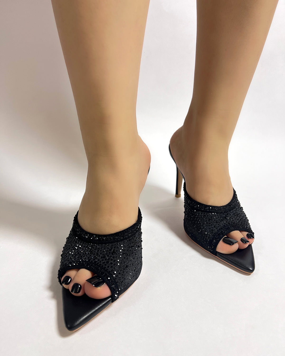 Black mesh rhinestone pointed toe slides slippers for women