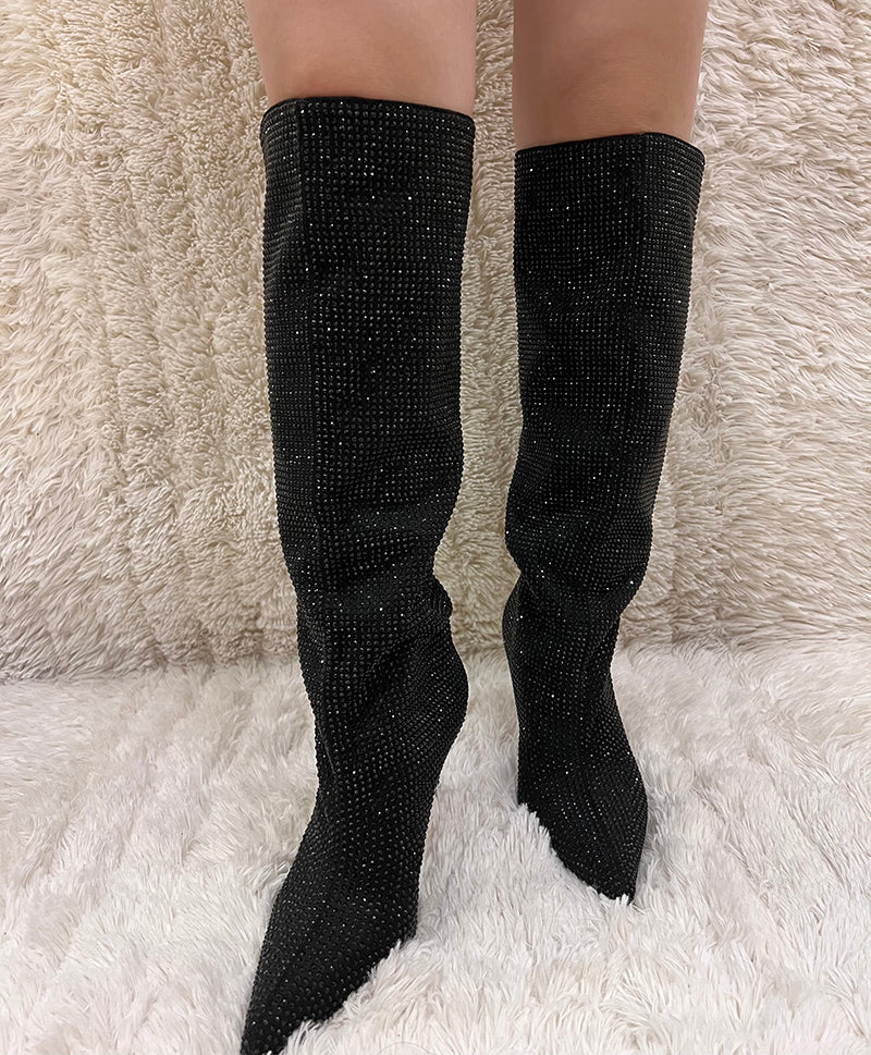High Heel Knee High Full Rhinestone Straight Boots