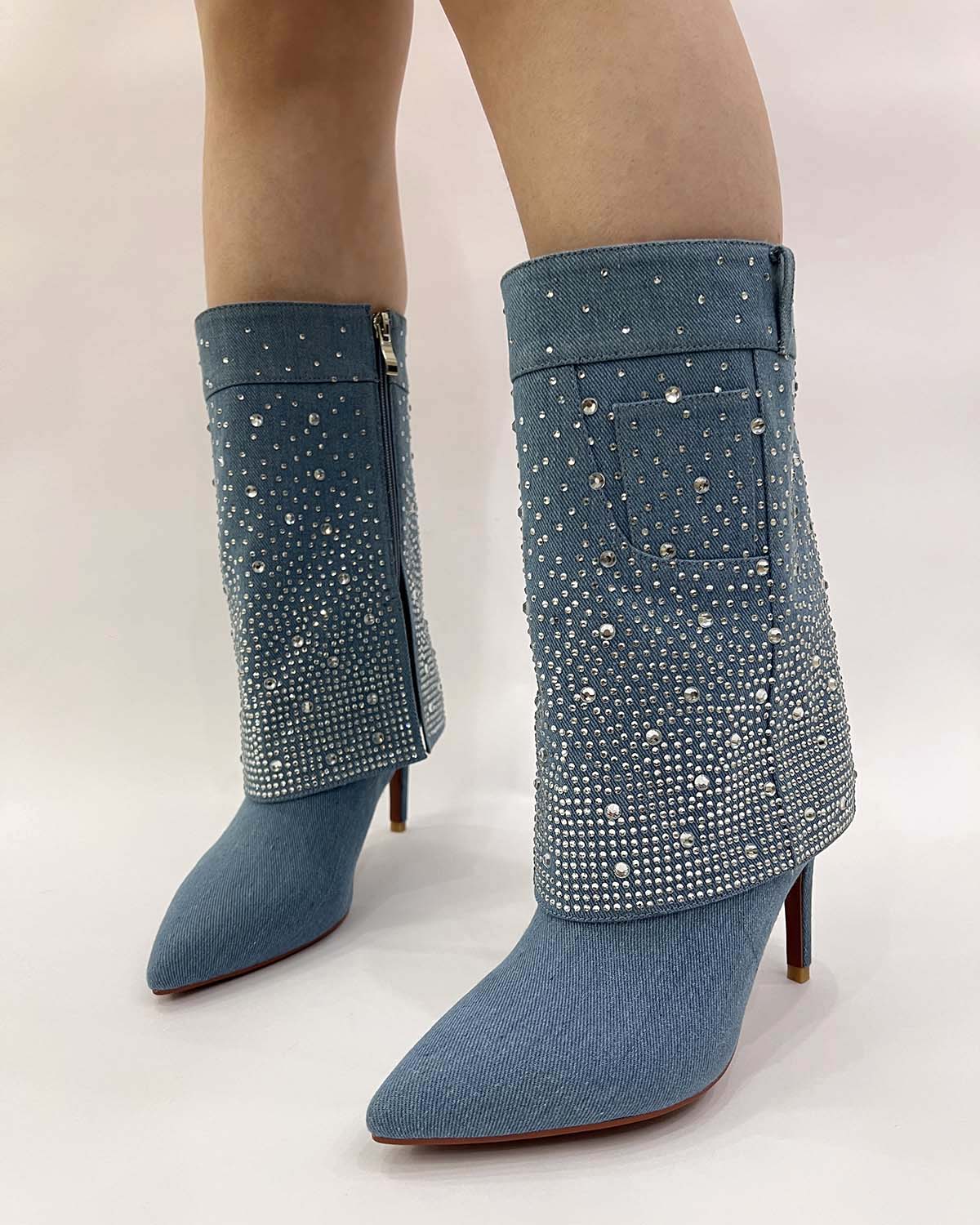 Denim mid-calf rhinestone boots for women
