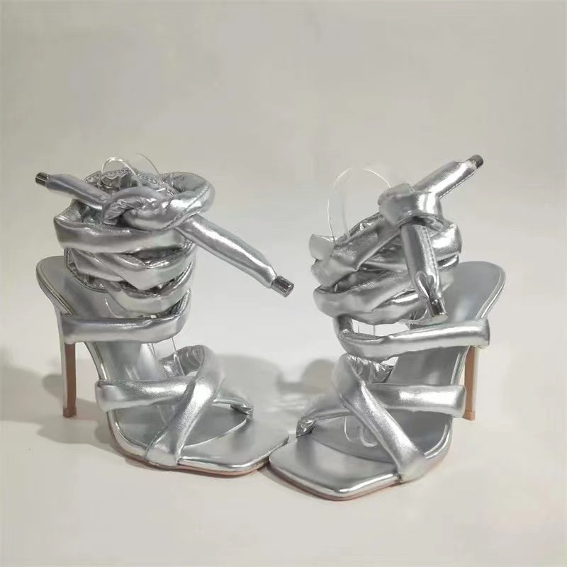 Metal Silver Thick Strap Lace Up Heels