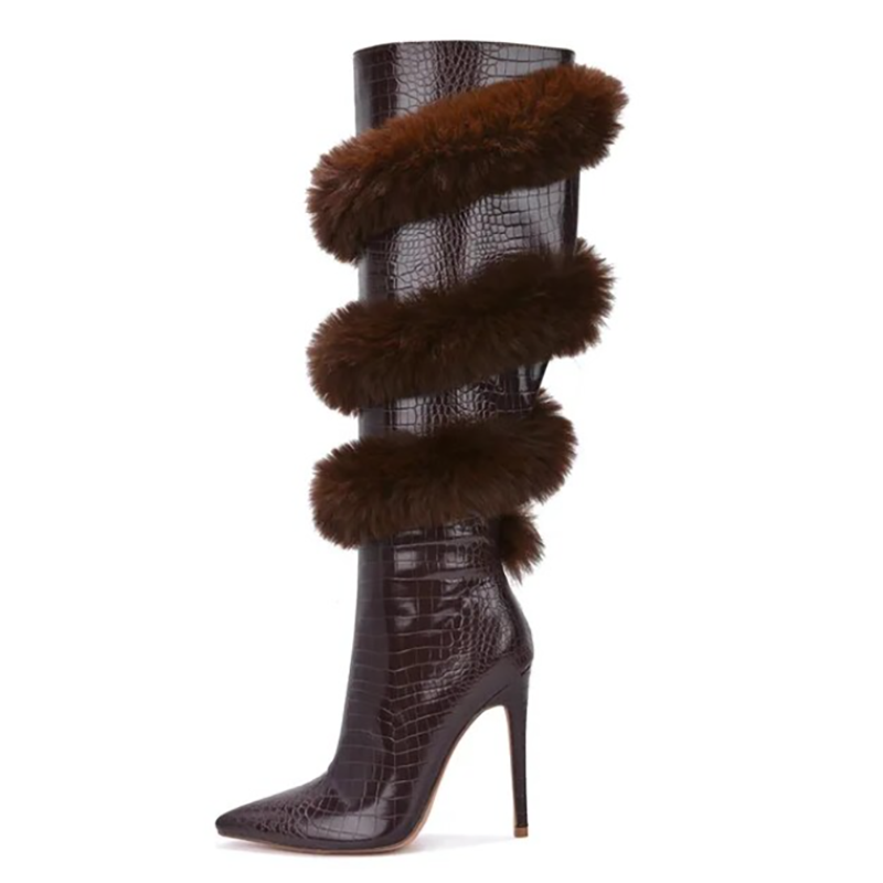 Croc leather sprial fur knee high boots