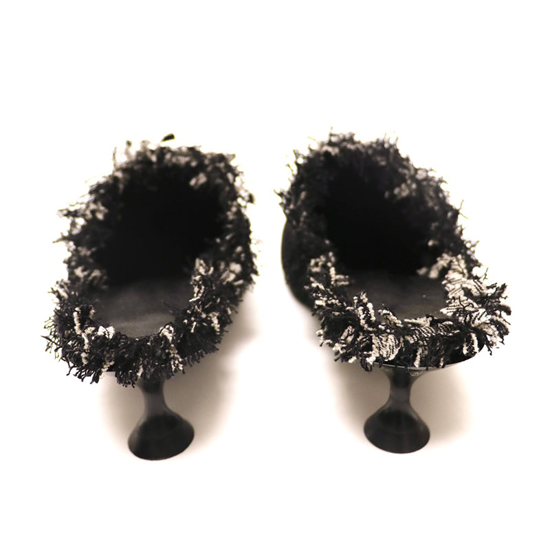 Black denim pointed toe low heel mule shoes slippers