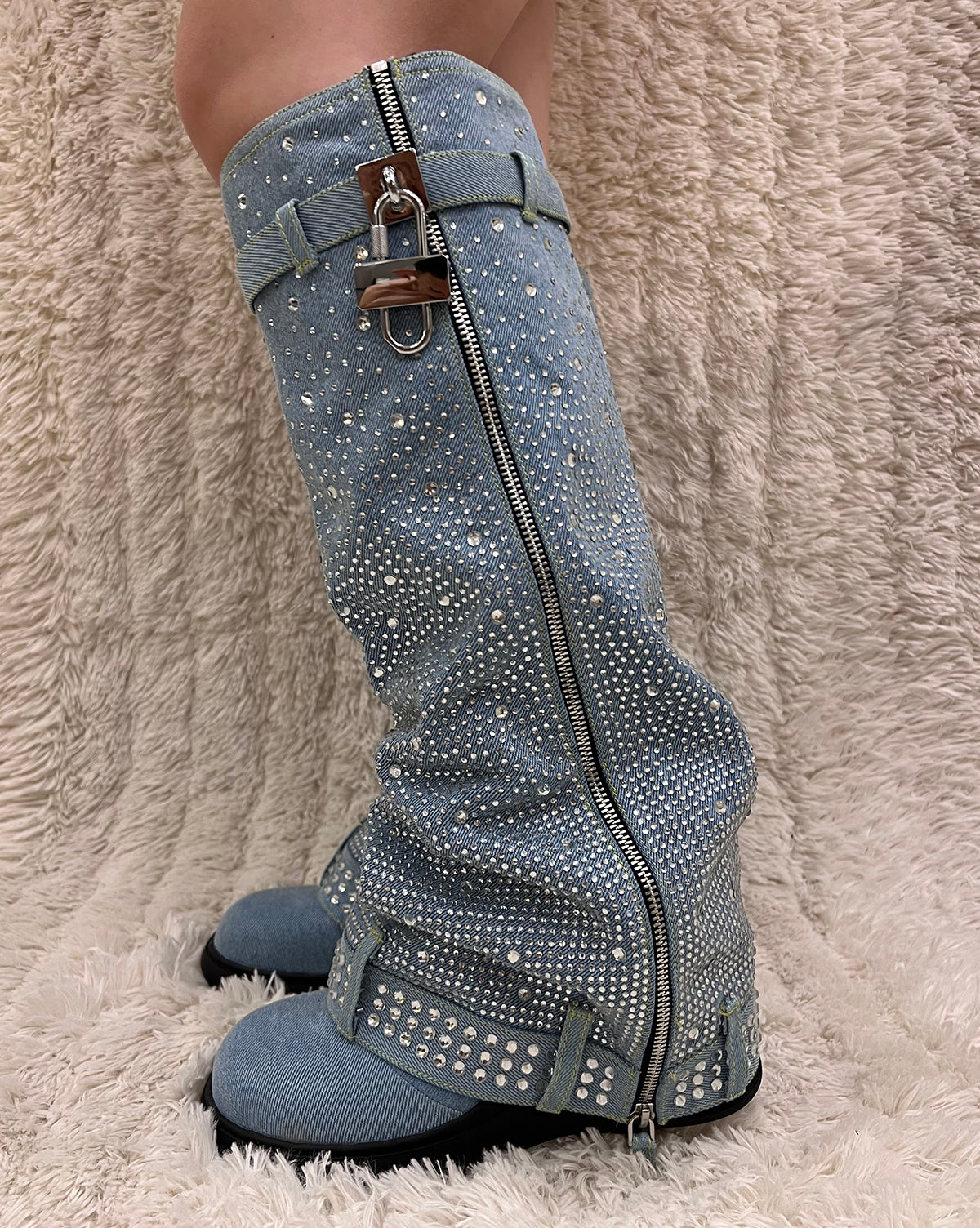 Rhinestone denim pants knee high sneaker boots