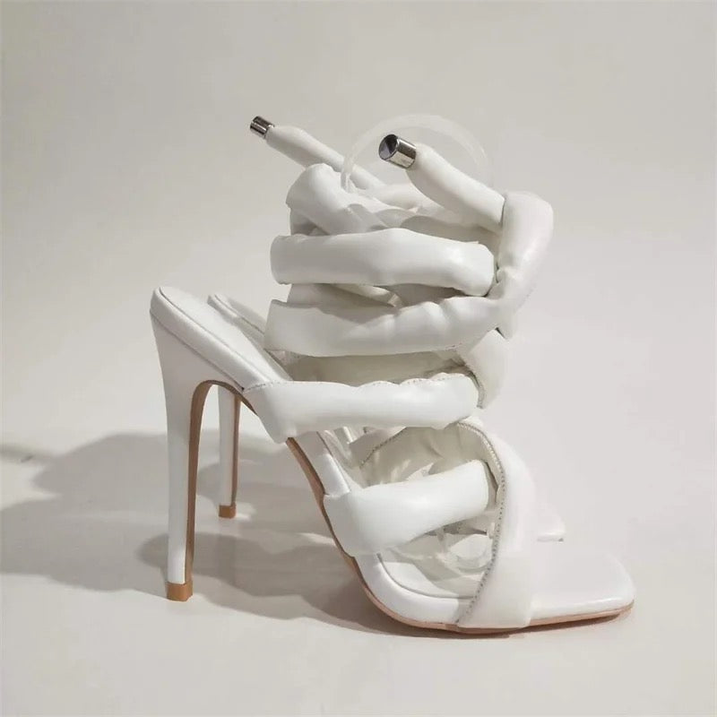 Faux Leather Thick Strap Lace Up Heels