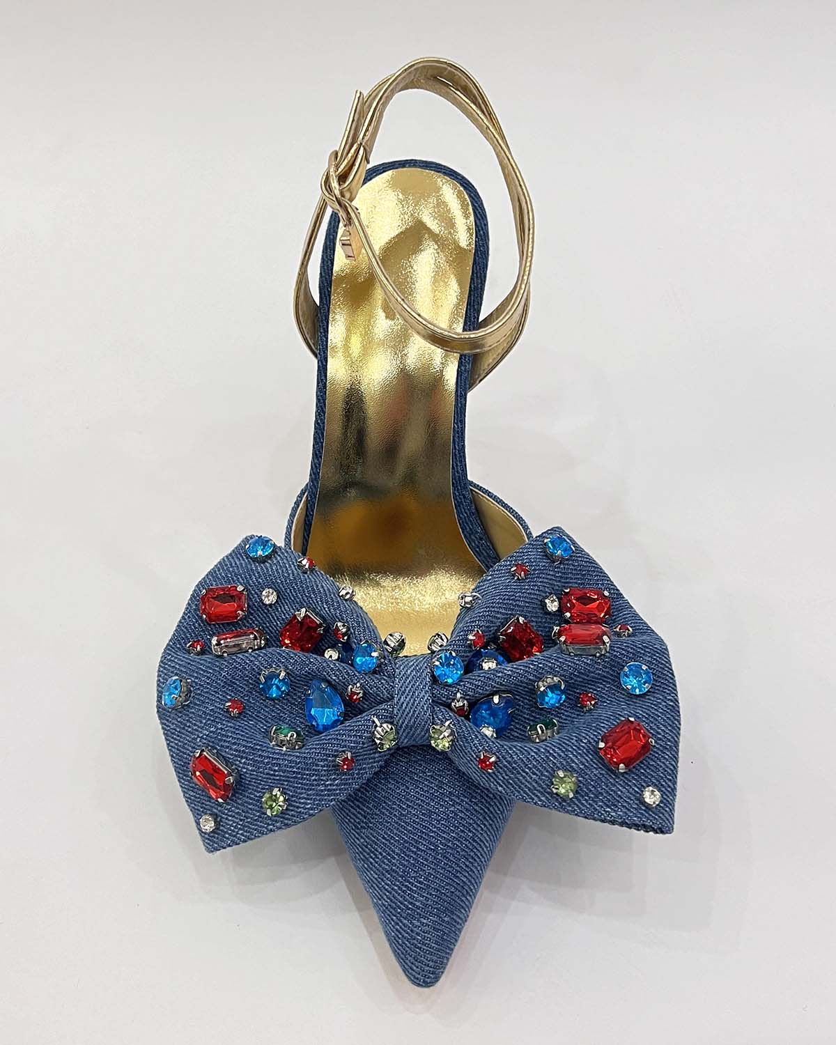 Denim rhinestones slingback pointed toe heels pumps shoes