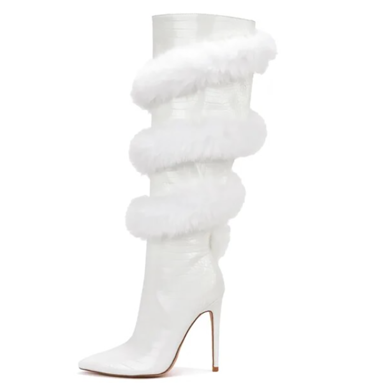 Croc leather sprial fur knee high boots