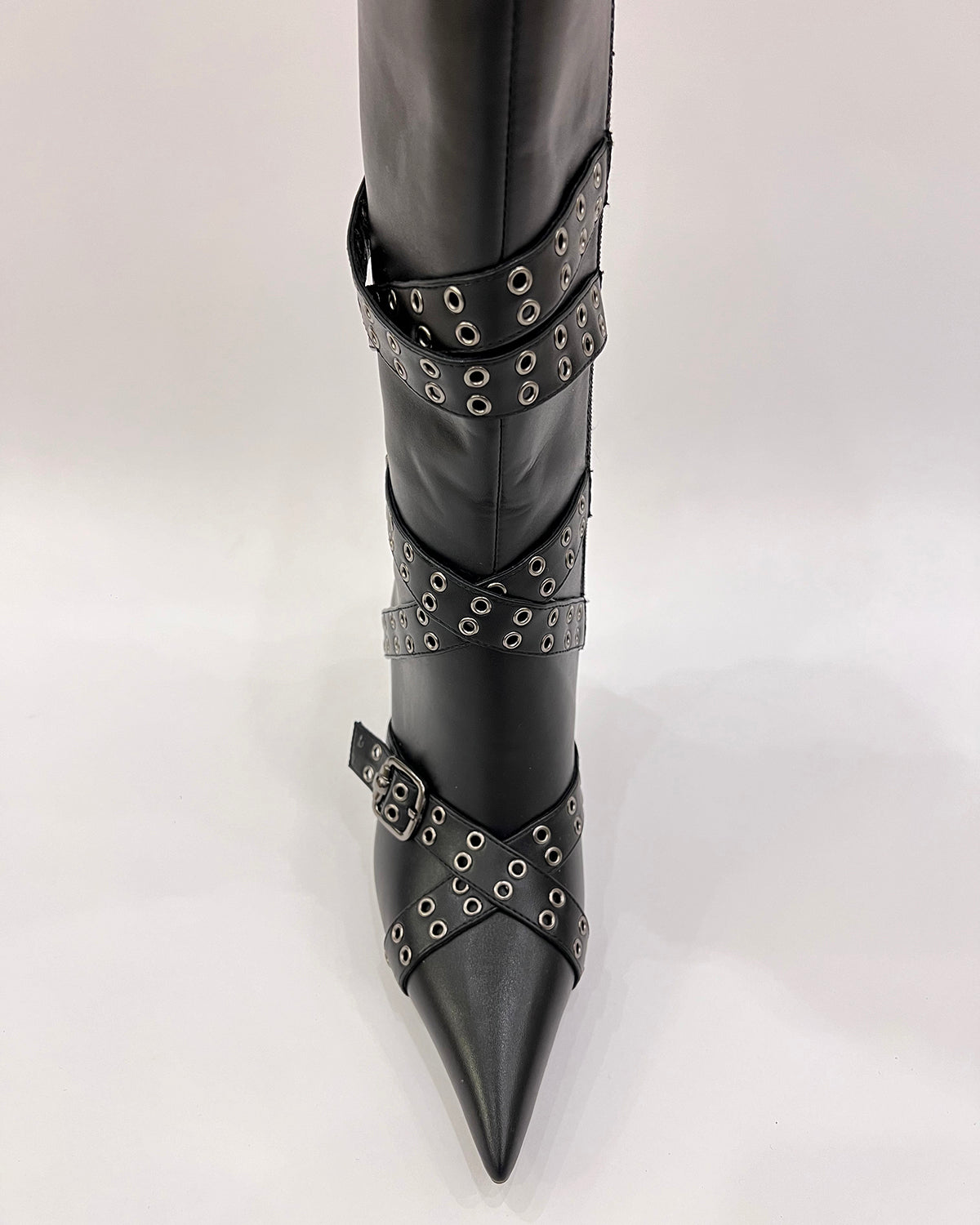 Matte leather eyelet buckle straps stiletto knee high boots