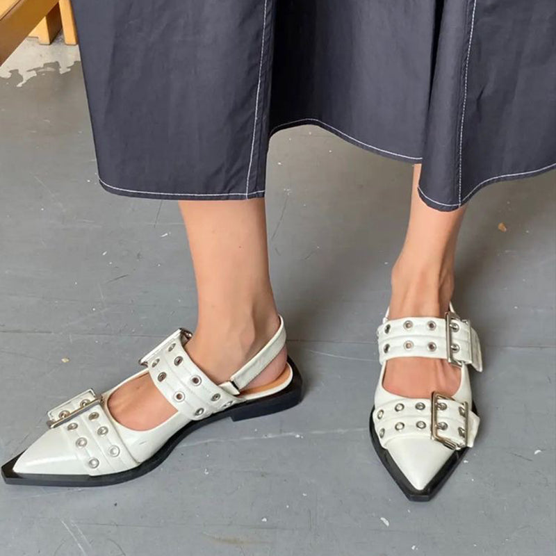 Oil wax leather pointed toe big buckle flat shoes