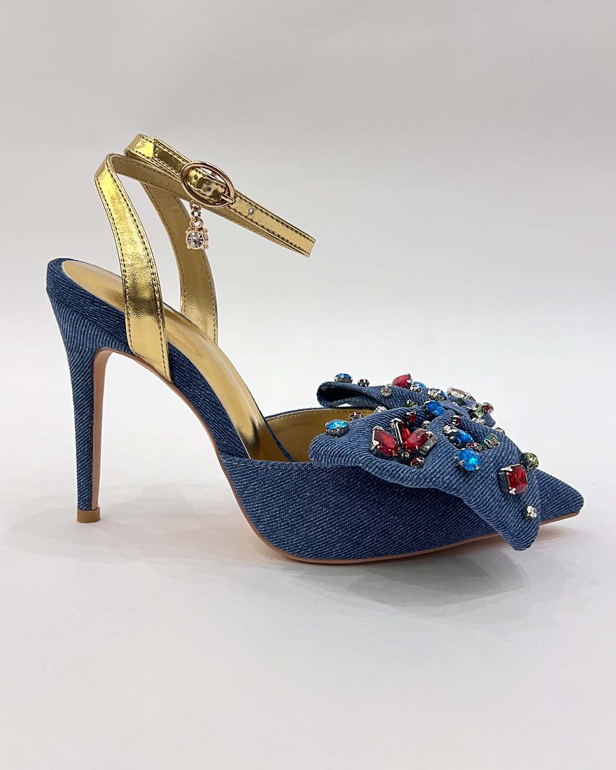 Denim rhinestones slingback pointed toe heels pumps shoes