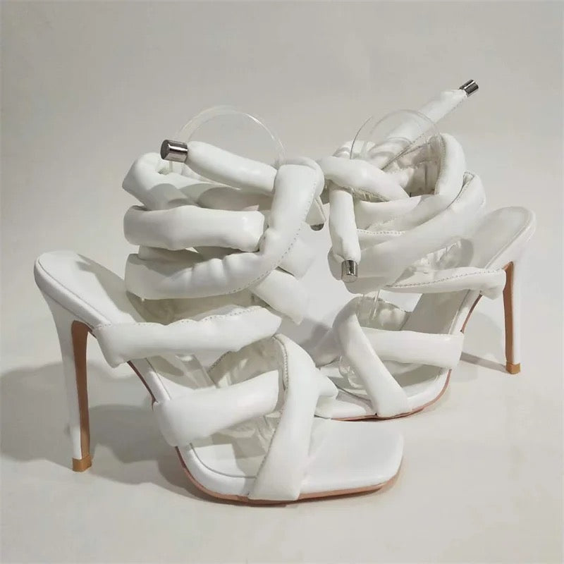 Faux Leather Thick Strap Lace Up Heels