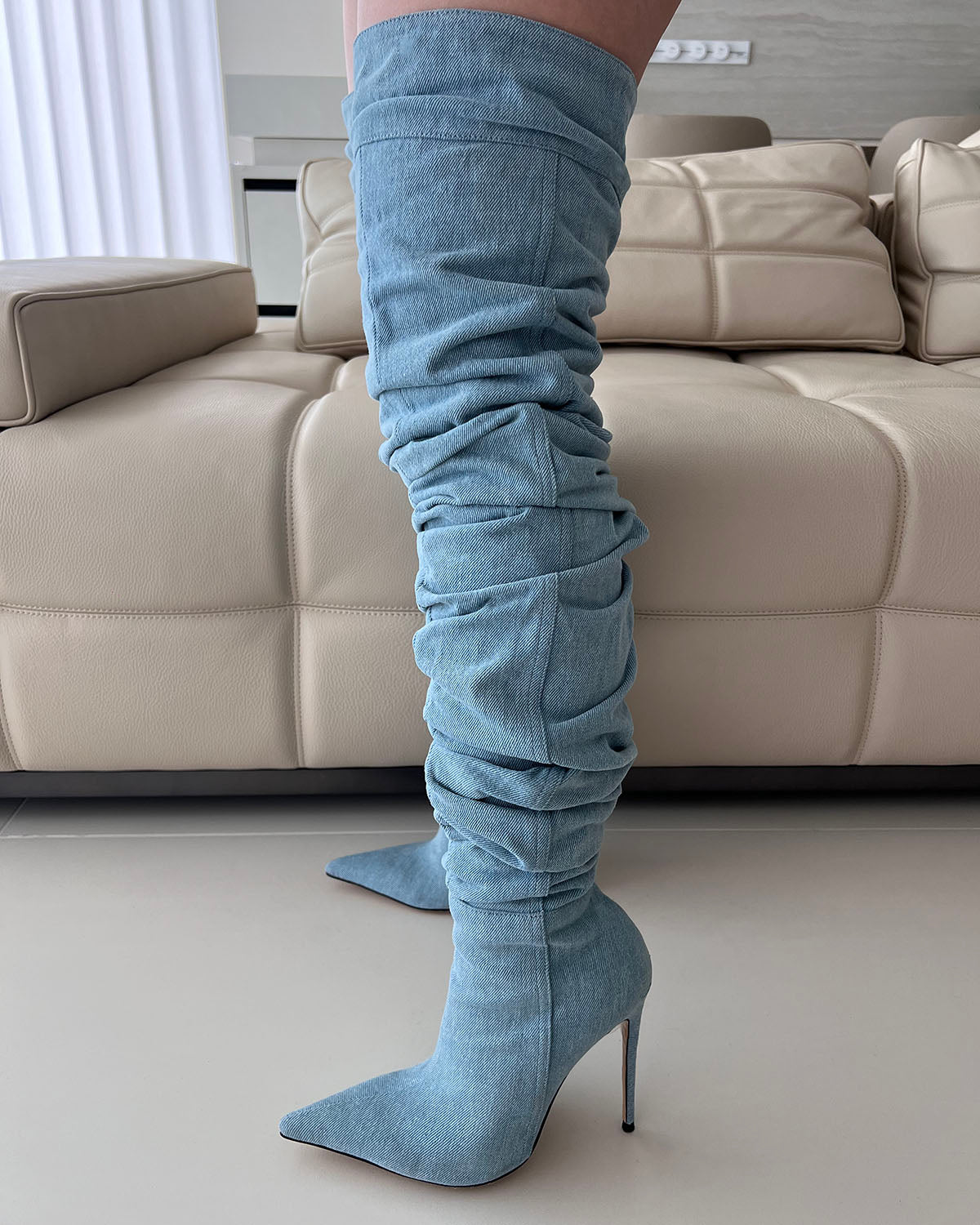 Over the knee wrinkle denim stiletto heel boots