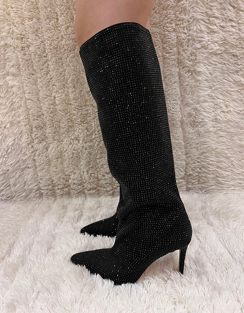 High Heel Knee High Full Rhinestone Straight Boots