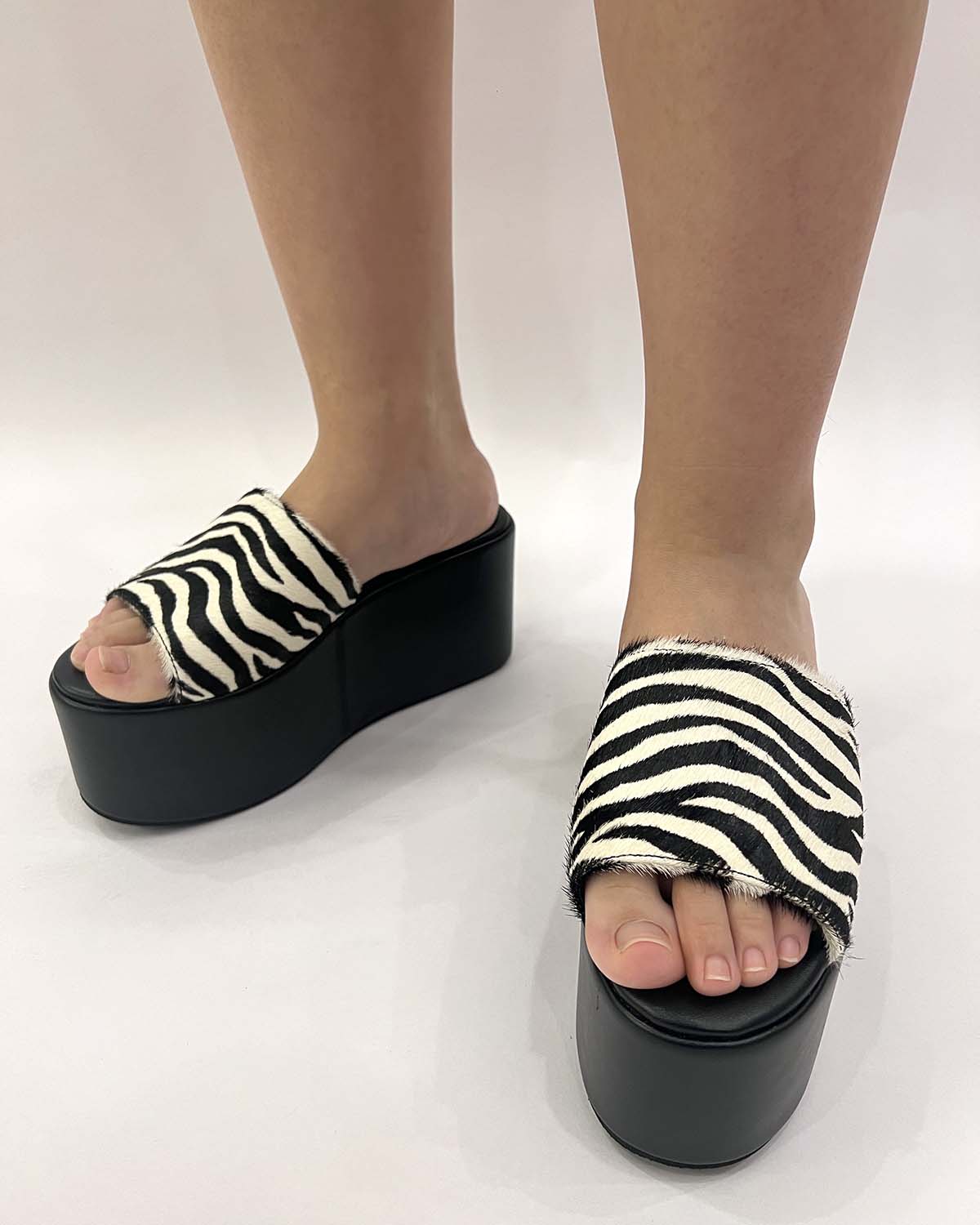 Zebra pony hair leather thick platform sandals for women