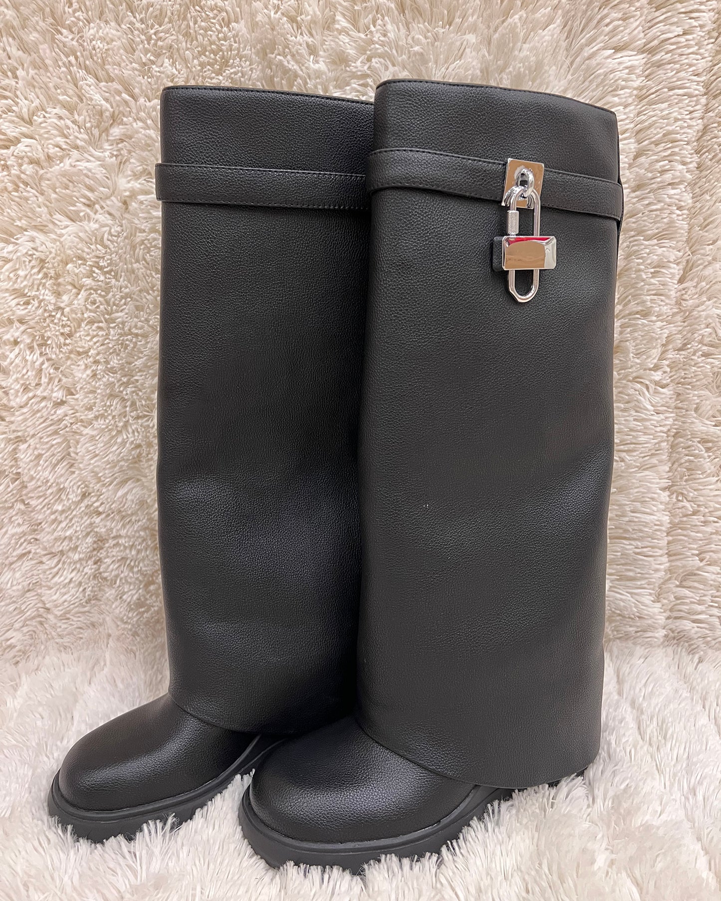 Wedge Leather Pants Lock Knee High Boots For Women
